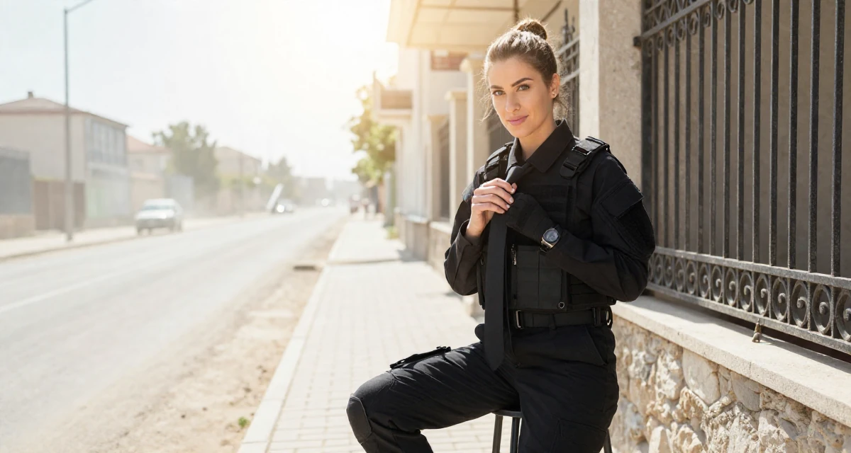 A flirty Female From Hungary, majored in economics in their 23, making decisions that will shape future lifestyle, wearing a special forces tactical suit in matte black, playing with a tie in a city sidewalk.