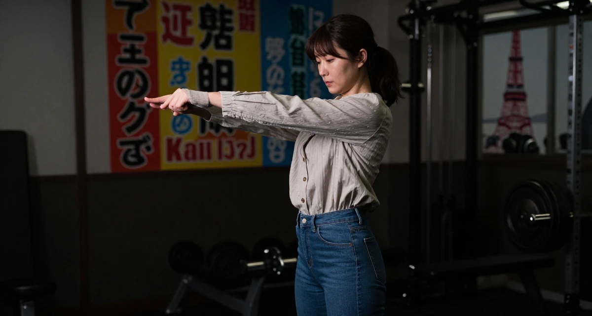 A humble Female From Japan, majored in sociology in Tokyo in their 23, discovering the allure of slow, controlled movement, wearing a loose fitting blouse tucked into tight jeans, pulling a sweater sleeves over hands in a gym interior.