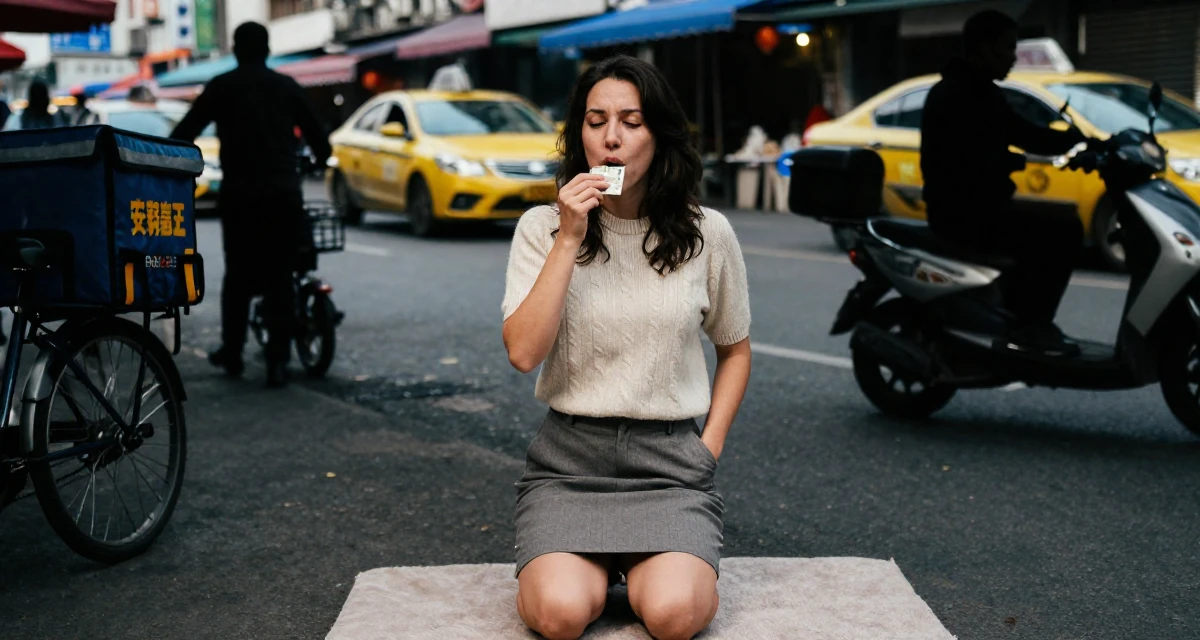 A wild Female Former food delivery biker, now exploring creator freedom in their 23, enjoying the first taste of disposable income, wearing a short sleeve cashmere sweater and a skirt, putting hands in pockets in a bustling market.