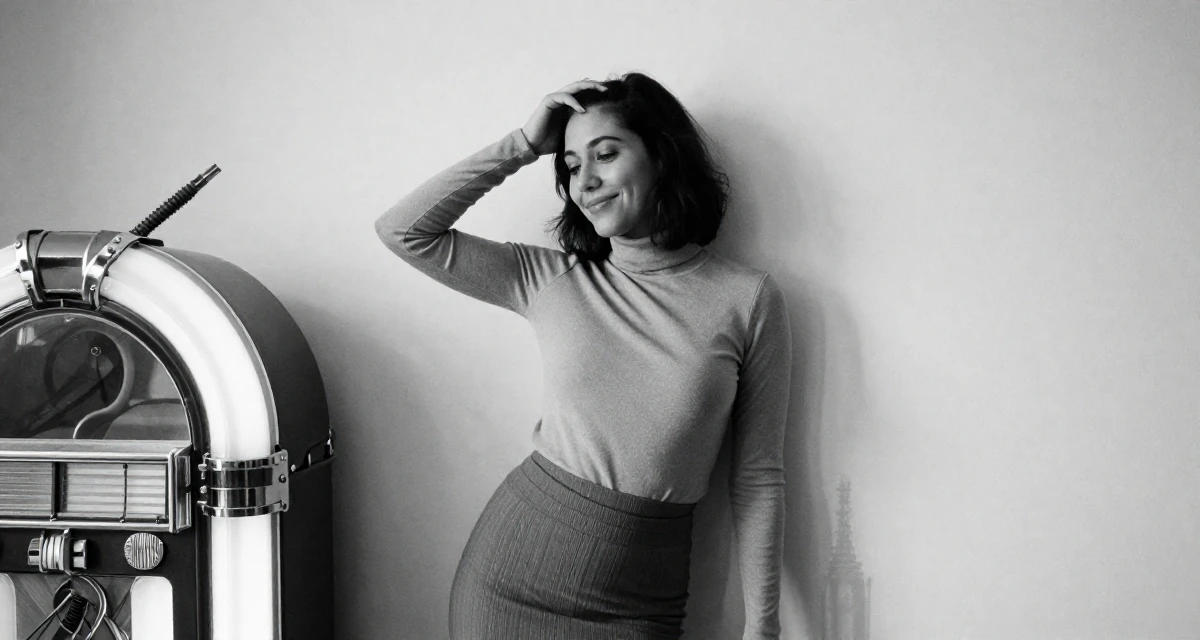 A smiling gently Female From United States, majored in development economics in their 30, planning a dream wedding on a budget, wearing a fitted turtleneck and skirt, resting a hand on the forehead in a yoga studio.