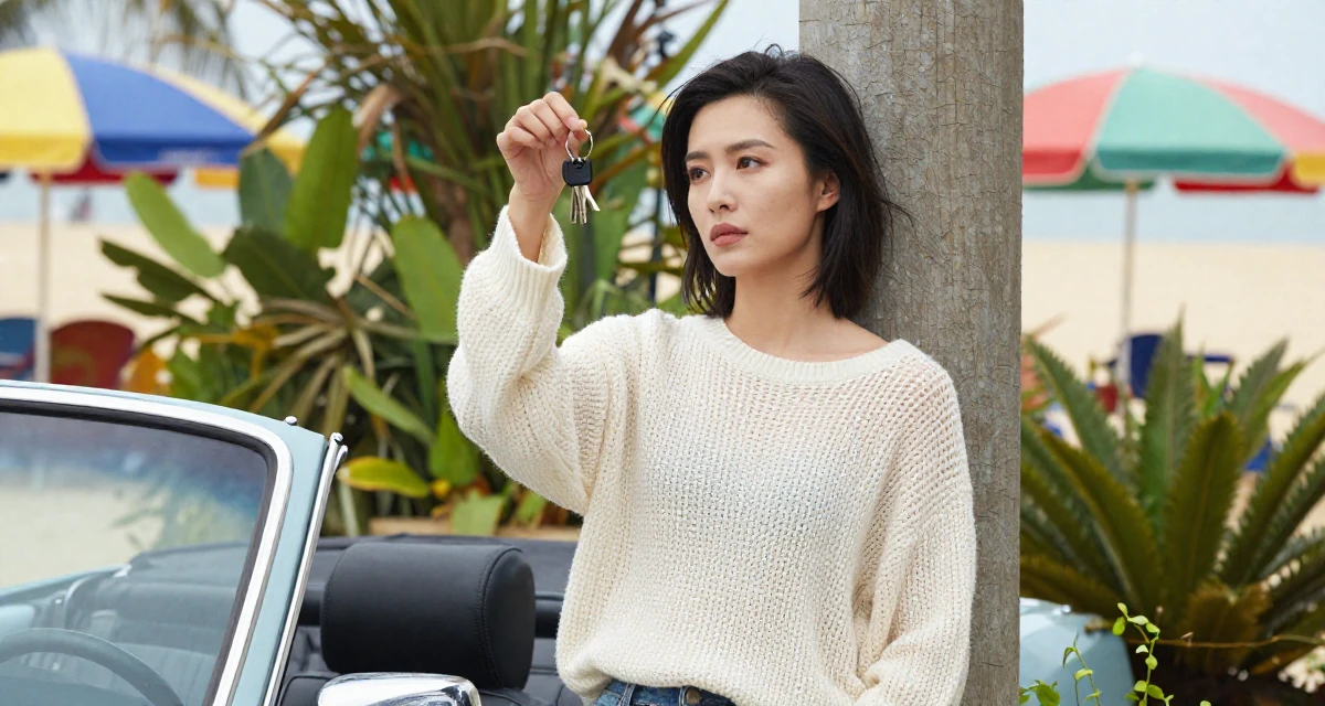 A nostalgic Female From ChangSha China, holds a degree in human resource management in their 49, noticing early burnout signs, wearing a loose open-knit sweater showing skin underneath, holding a set of keys in a vintage convertible car.