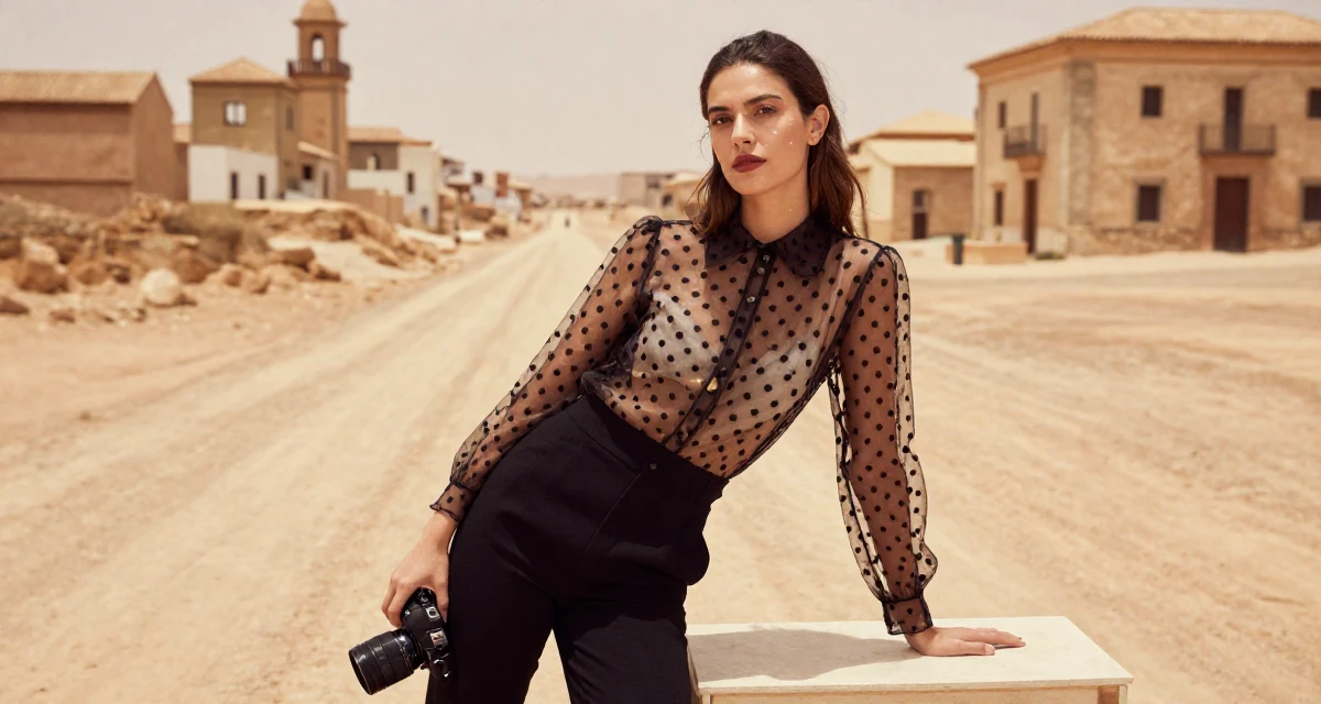 A quiet Female From Valencia Spain, learned lifestyle videography for warm climates in their 23, seeking career clarity through trial and error, wearing a sheer polka dot blouse and black trousers, holding a camera in a fashion design studio.