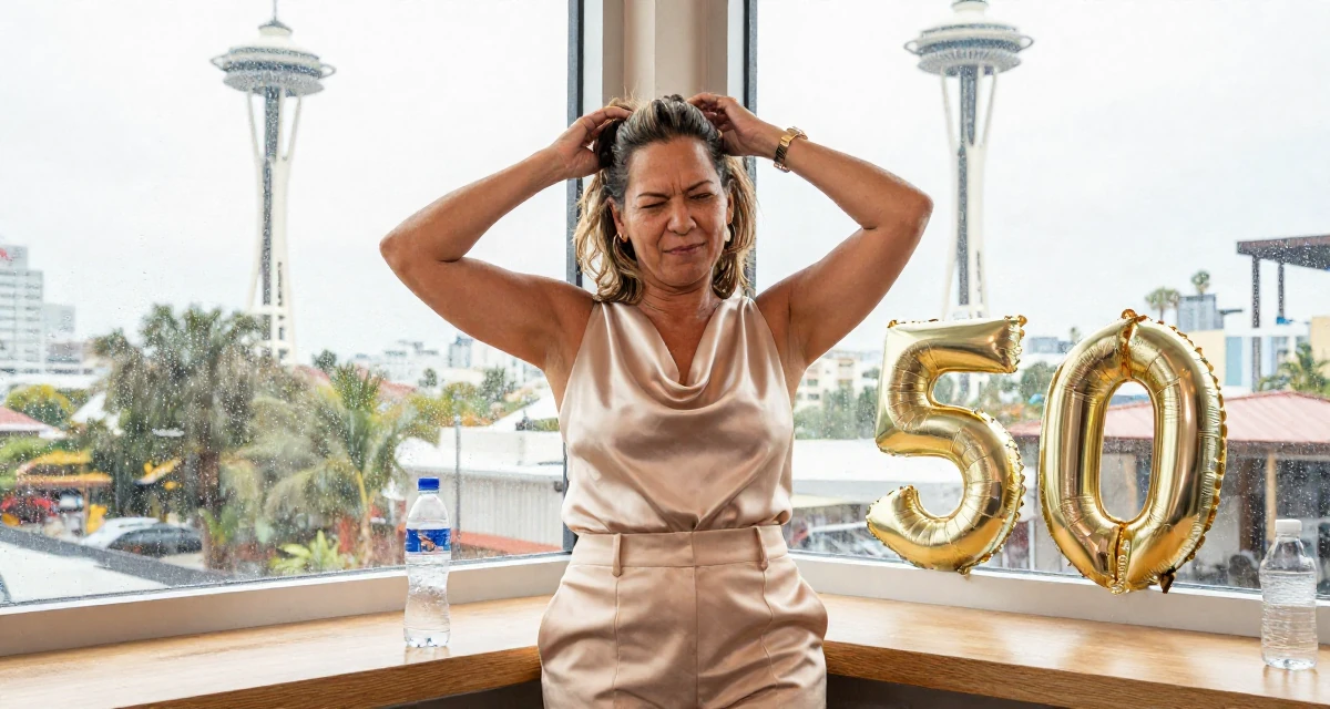 A bashful Female From Bahamas, studied finance and banking in their 50, golden jubilee celebration of life, wearing a satin cowl neck top and tailored shorts, holding a water bottle in a coffee shop corner.