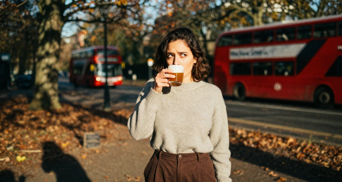 A mischievous Female Previous dental assistant, now exploring body-empowerment narratives in their 33, feeling a deep sense of gratitude and grounding, wearing a vintage sweater and high-waist pants, sipping a warm drink in a autumn forest.