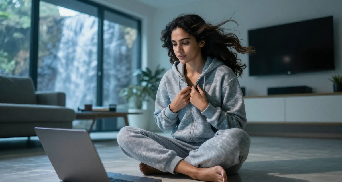 A elegant Female From Sri Lanka, studied digital commerce in their 30, freelancing after a layoff, wearing a relaxed jogger and sweatshirt combo, zipping up a hoodie in a modern apartment.