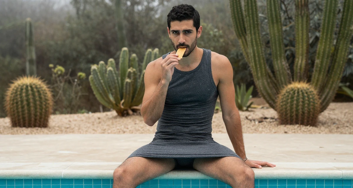 A moody male From Florence Italy, practiced artistic nude composition in their 24, exploring opportunities for self-expression, wearing a sheath dress in charcoal grey that hugs the curves, holding a snack in a swimming pool deck.