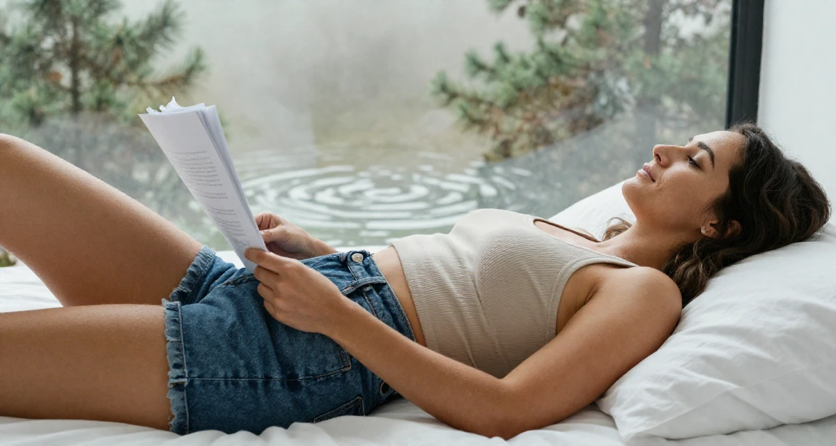 A reassured Female From Czech Republic, studied photography and cinematography in their 39, preparing for a new chapter in a new city, wearing a fitted ribbed tank top and high-waisted denim shorts, carrying a stack of documents in a minimalist bedroom.