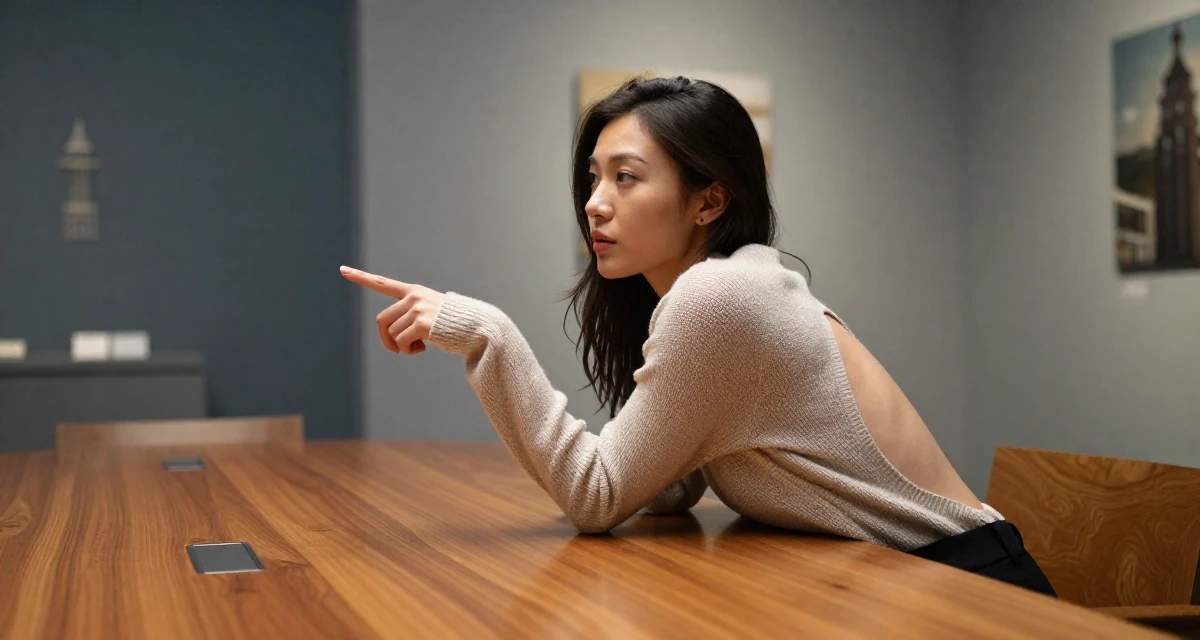 A lazy Female Once a biology lab intern, now crafting sensual science-themed content in their 24, embracing weekends of solitude and rest, wearing a open-back sweater showing the spine, pointing at something distant in a museum exhibit.