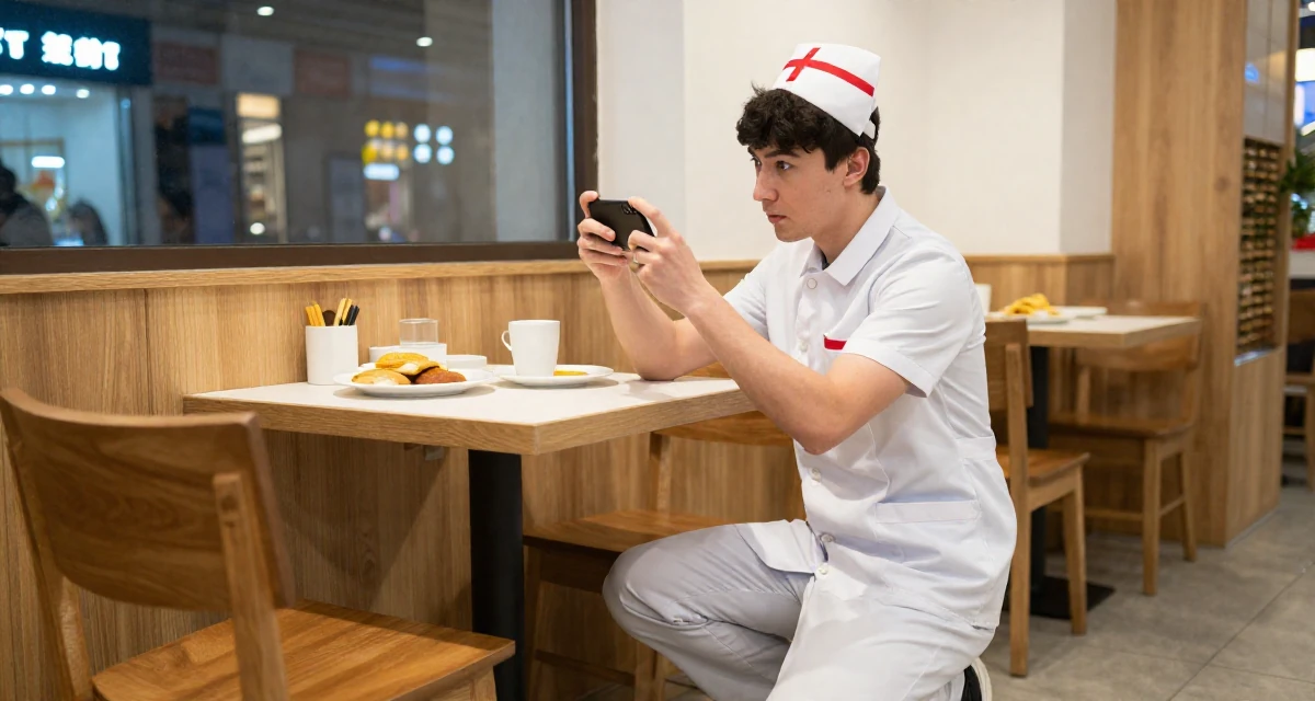 A fearless male From Russia, studied psychology at a community college in their 22, crafting content at midnight after work shifts, wearing a nurse cosplay uniform with a stylized cap, snapping a photo with a phone in a breakfast nook.
