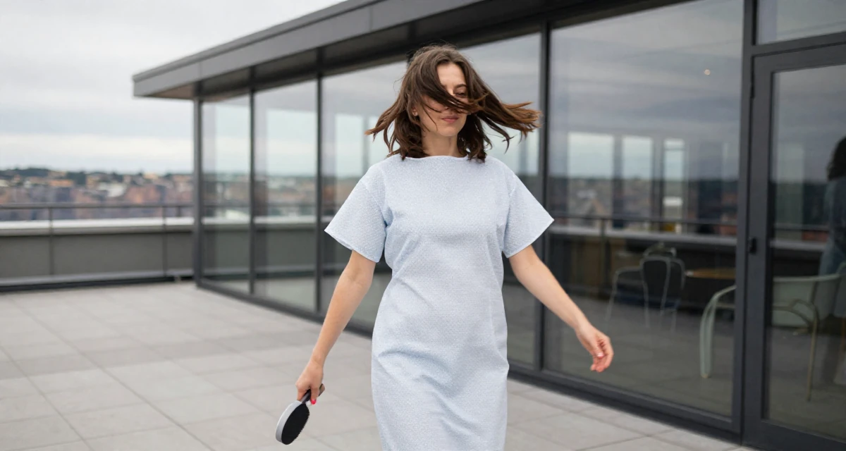 A mischievous Female From Stockholm Sweden, holds a degree in product design in their 38, expert in vintage fashion and thrifting, wearing a hospital patient gown tailored to be form-fitting, brushing hair away from the face in a rooftop terrace.