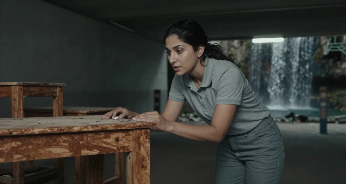 A absent-minded Female From Arabic-speaking world, studied international logistics in their 42, renovating a forever home with detailed care, wearing a smart polo shirt and slacks, playing with a ring on a finger in a underground parking garage.