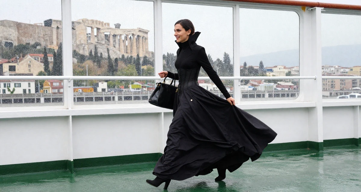 A positive Female From Milan Italy, studied fashion styling in their 24, walking briskly with purpose and focus, wearing a vampire queen gown with a high collar and corset, closing a bag in a ferry deck.