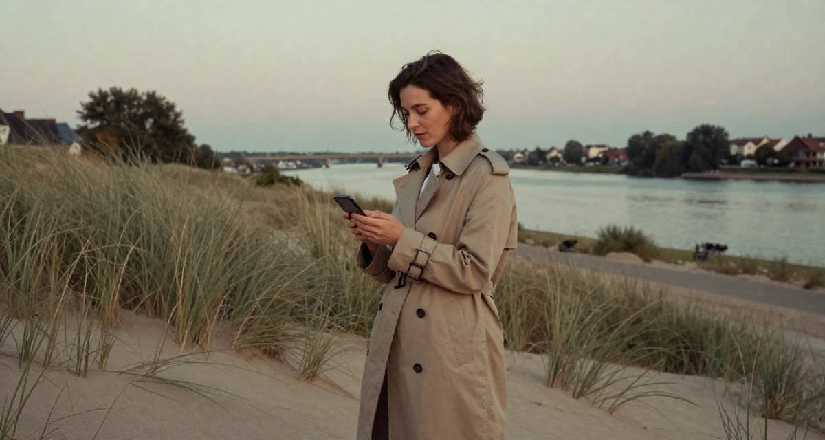 A unbothered Female From Warsaw Poland, studied social psychology in their 37, creating a slow-living lifestyle in the suburbs, wearing a long trench coat belted tightly at the waist, checking a phone in a desert sand dunes.