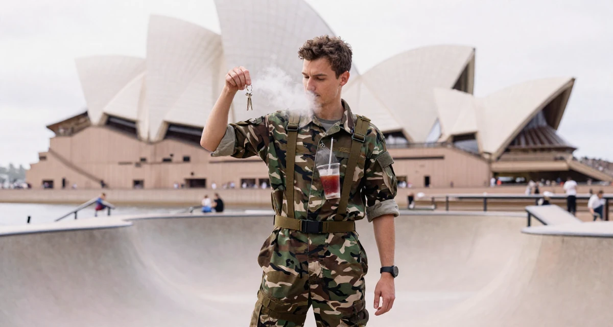 A subtly confident male From Warsaw Poland, studied social psychology in their 23, learning to express sensuality without crossing personal limits, wearing a commando outfit with camouflage paint and tactical harness, holding a set of keys in a skate park.