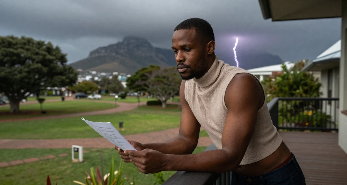 A solemn but kind male From Cape Town South Africa, learned outdoor modeling and posing in their 23, realizing that friendships require hard work, wearing a high-neck sleeveless crop top showing toned arms, holding a piece of paper in a quiet park.