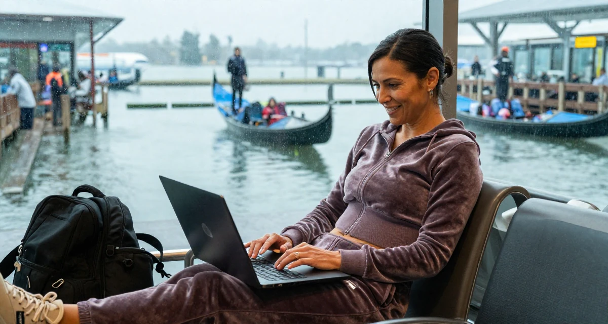 A delighted Female From Chile, majored in international business at a private university in their 46, wellness advocate for women over 40, wearing a velour tracksuit with a cropped zip-up hoodie, typing on a laptop in a airport departure lounge.