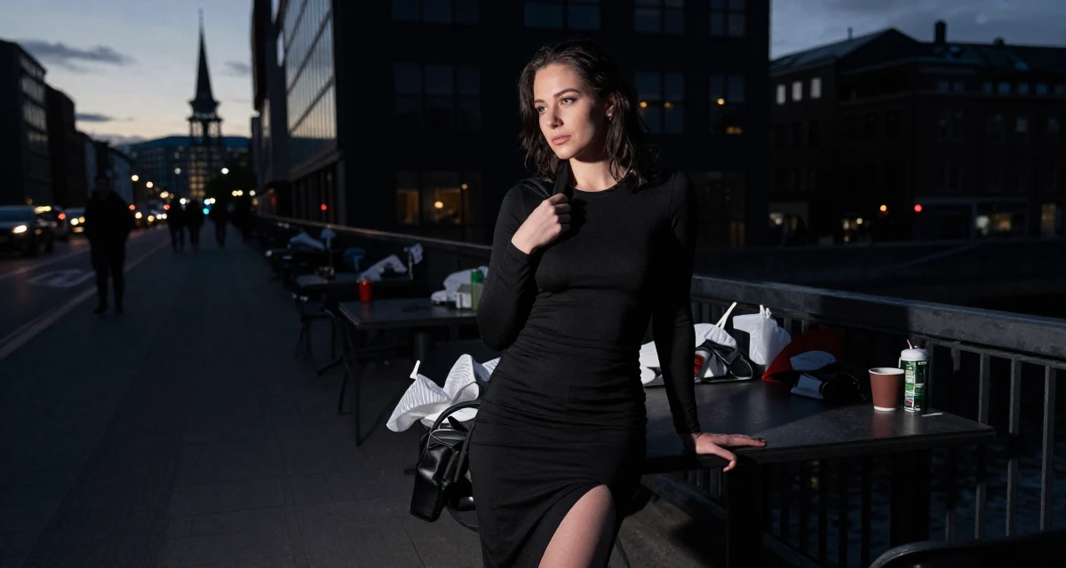 A gentle Female From Norway, studied renewable energy engineering in their 21, exploring the city nightlife until sunrise, wearing a tight long-sleeve bodysuit and a slit midi skirt, gripping a lapel in a bridge walkway.