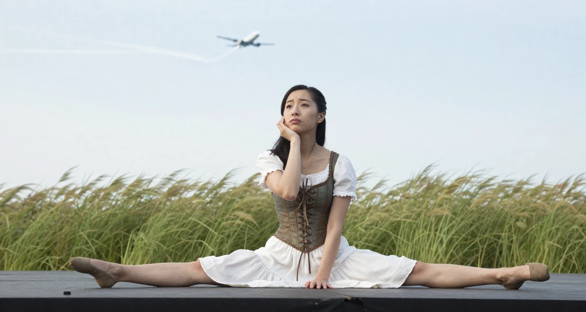A reserved Female From Chinese-speaking regions, majored in human resource development in their 23, figuring out how to show confidence through body language, wearing a peasant girl corset dress with a white blouse, resting a chin on a hand in a theater stage.