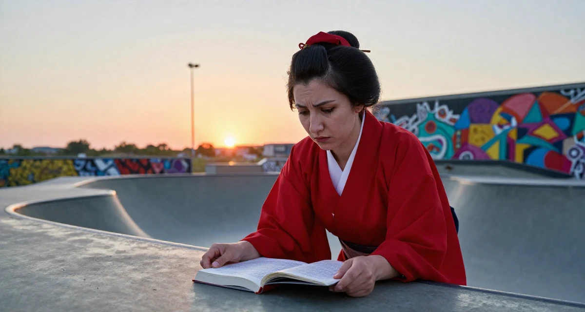 A worried Female From Turkmenistan, studied industrial technology in their 25, balancing social life with evolving ambitions, wearing a traditional Japanese miko priestess robe in red and white, reading a book intently in a skate park.