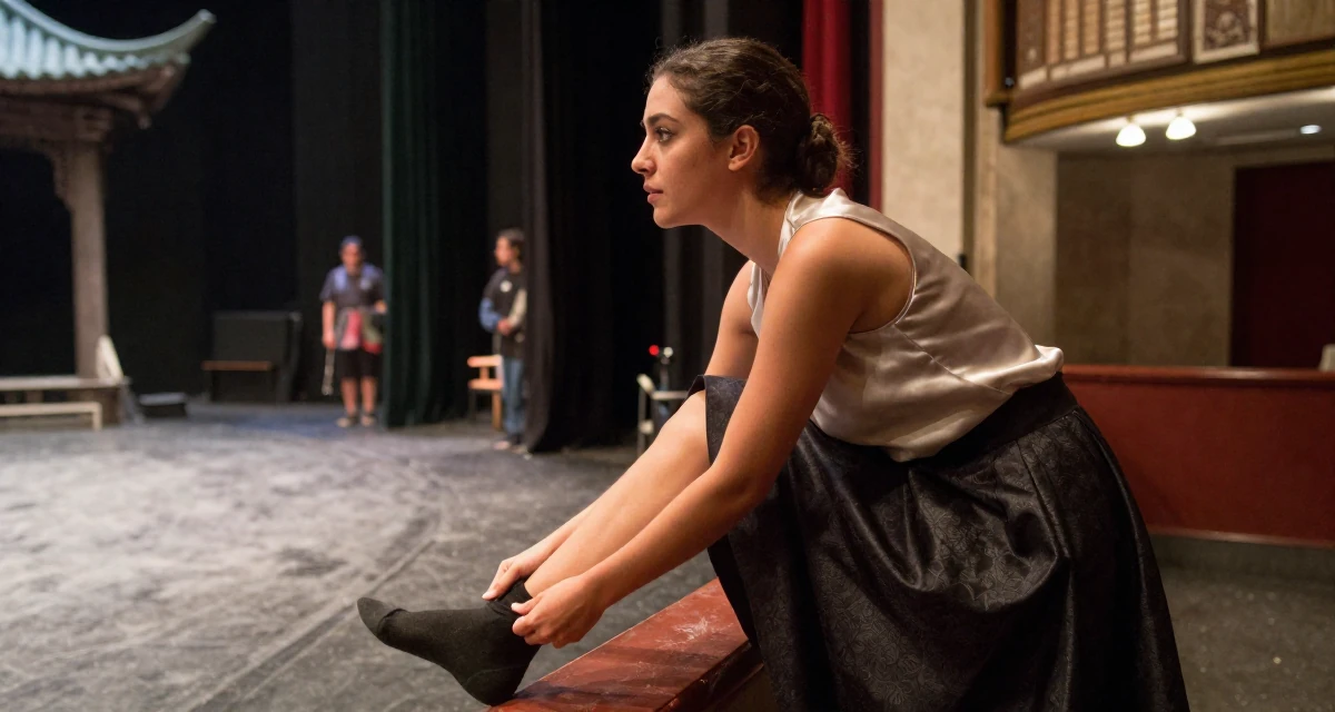 A thoughtful Female From Mexico, based in Monterrey, graduated from a private university majoring in communication studies in their 23, analyzing which posts convert best, wearing a sleeveless silk top and a high-waisted skirt, pulling up a sock in a theater stage.