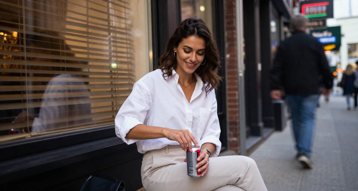 A warm Female From Toronto Canada, studied criminology in their 25, identifying strengths and weaknesses, wearing a oversized white shirt with sleeves rolled up and slim trousers, opening a soda can in a neon-lit alleyway.