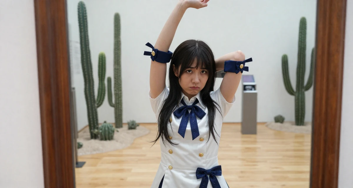 A tense Female Former phone-shop clerk, now combining tech and lifestyle content in their 23, looking sophisticated but feeling lost inside, wearing a anime idol stage costume with ribbons and glitter, rolling up sleeves in a museum exhibit.