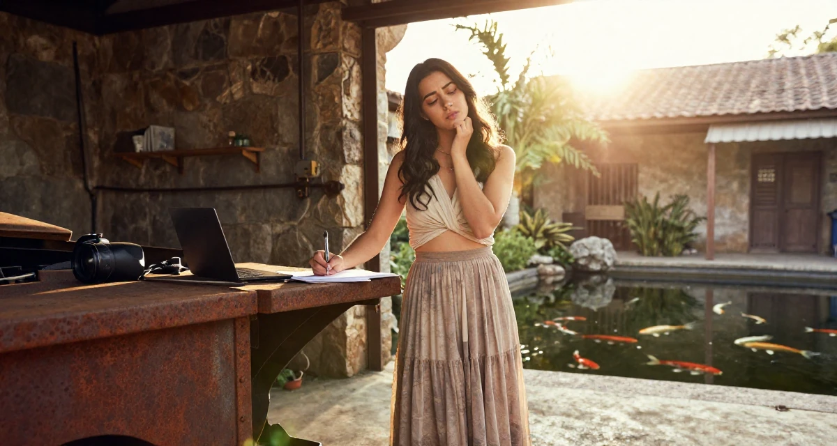 A tired Female From USA, studied screenwriting in Los Angeles in their 21, trying to act professional at a first internship, wearing a flowing maxi skirt and top, holding a pen poised to write in a mechanic garage.