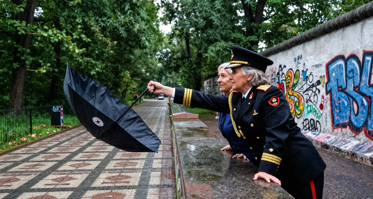 A reassured Female From Chile, majored in international business at a private university in their 40, supporting aging parents, wearing a imperial officer uniform with a peaked cap, shaking rain off an umbrella in a forest path.