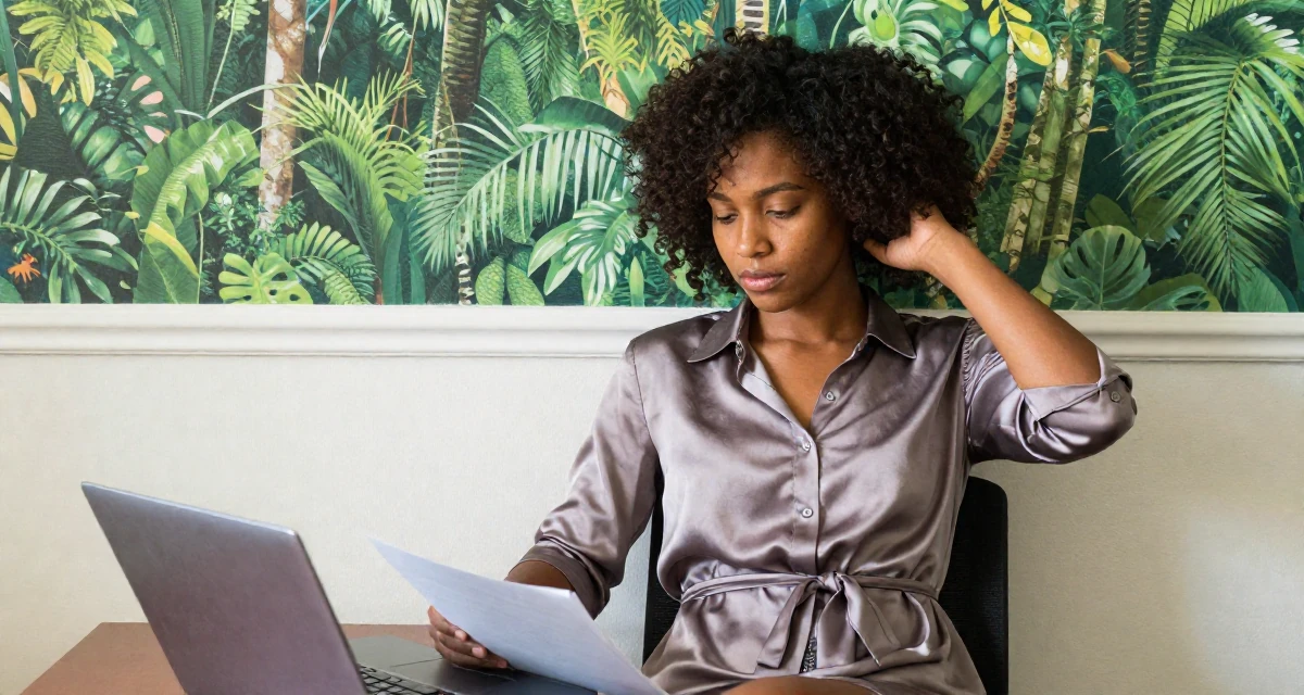 A quietly confident Female From South Africa, studied journalism in their 23, fighting algorithm despair while submitting homework, wearing a silk shirt dress with a tie waist, tucking hair behind an ear in a waiting room.