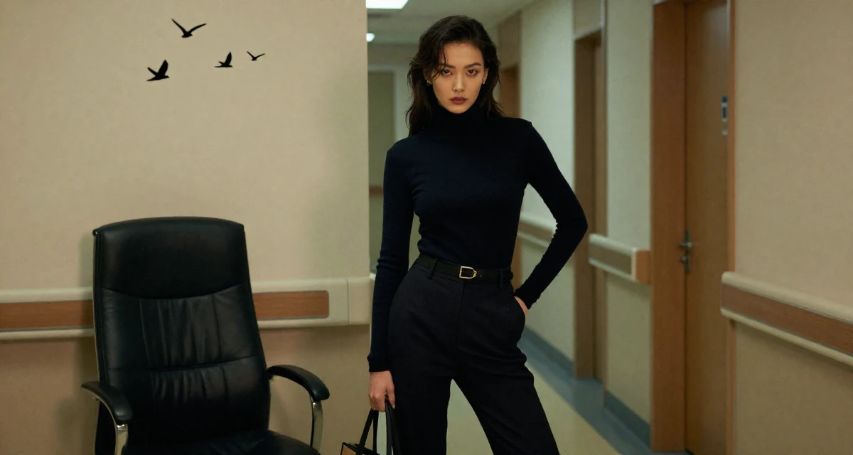 A intimidating Female From Chengdu China, self-taught photographer with nightlife roots in their 23, embracing sultry glam aesthetics as signature style, wearing a sophisticated turtleneck and trousers, carrying a tote bag in a hospital corridor.