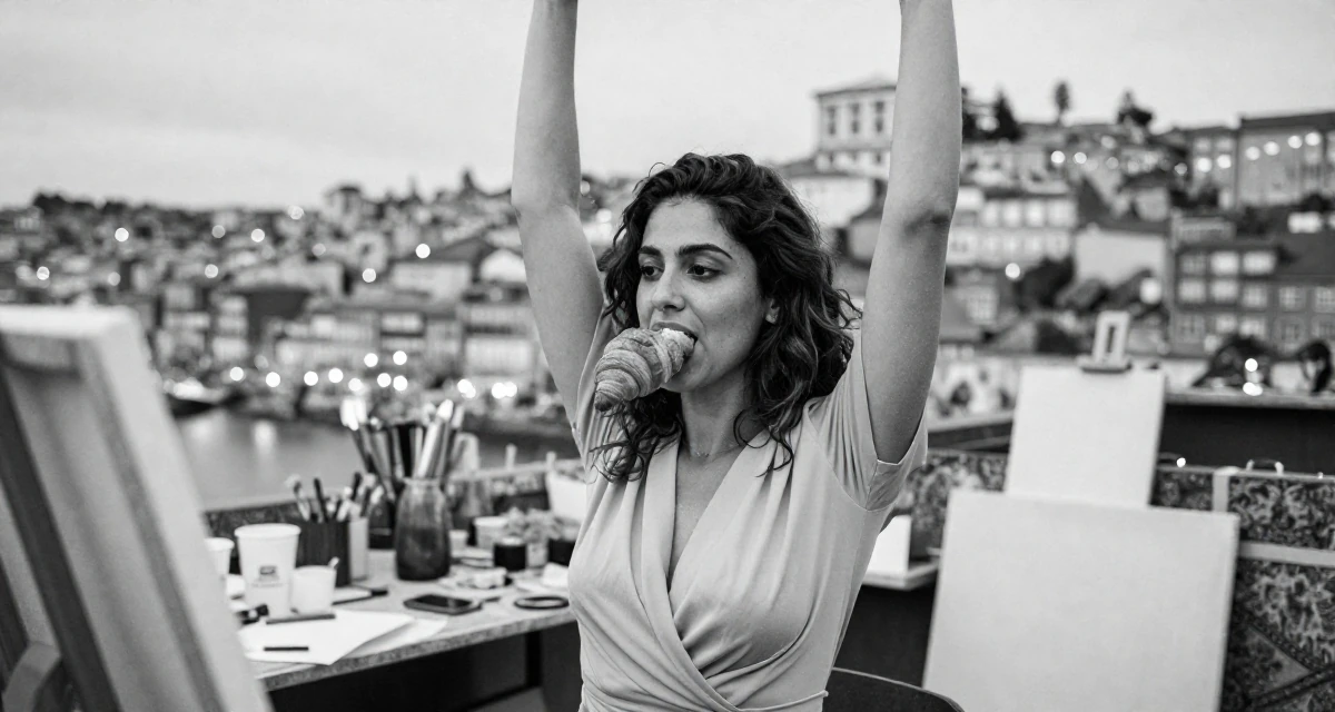 A quietly confident Female From Portugal, based in Porto, graduated from a polytechnic majoring in visual media in their 25, building confidence through small achievements, wearing a wrap blouse with a deep neckline, eating a croissant in a artist workshop.