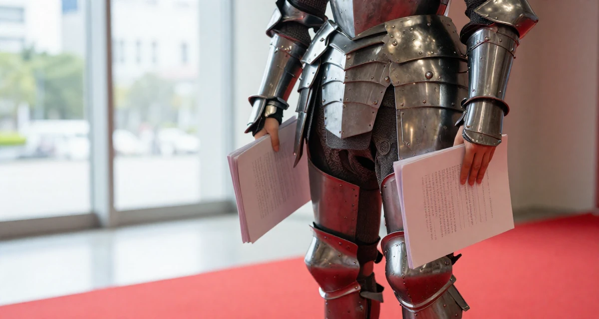 A elegant Female From Japan, studied early childhood education in their 22, preparing for upcoming graduation requirements, wearing a battle-damaged armor showing skin underneath, carrying a stack of documents in a red carpet event.
