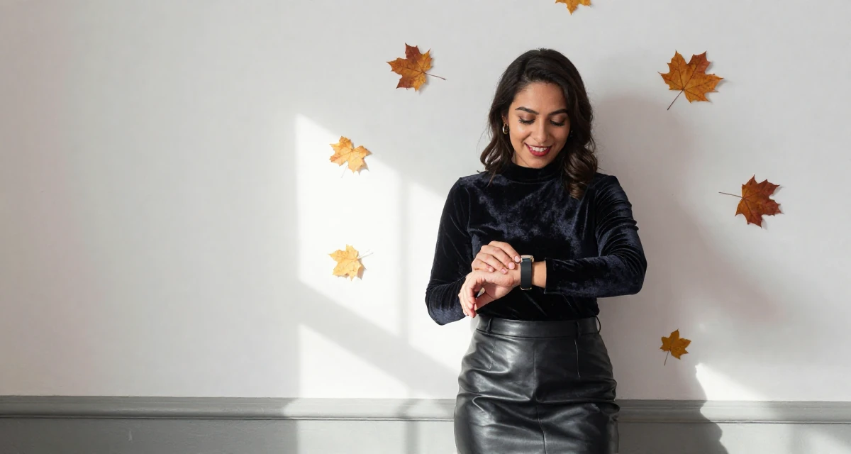 A joyful Female From Mexico, studied public relations in their 27, contemplating a major career pivot, wearing a fitted velvet top and a leather skirt, checking a wristwatch in a empty theater stage.