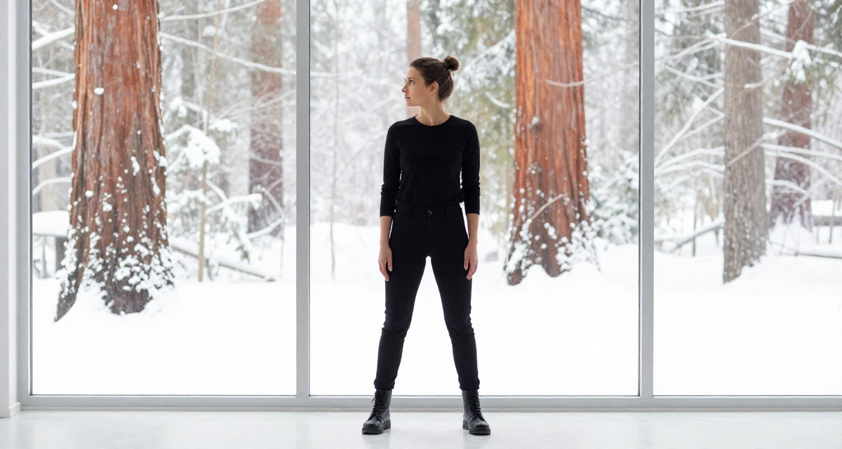 A focused Female From Aarhus Denmark, studied digital concept development in their 24, struggling with inconsistent motivation, wearing a monochromatic black outfit, looking out the window in a photo studio.