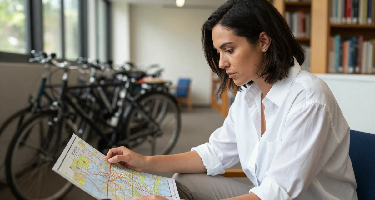 A commanding Female From Australia, has a diploma in business administration in their 30, transitioning from corporate grind to creative freedom, wearing a oversized white shirt with sleeves rolled up and slim trousers, looking at a map in a quiet library corner.