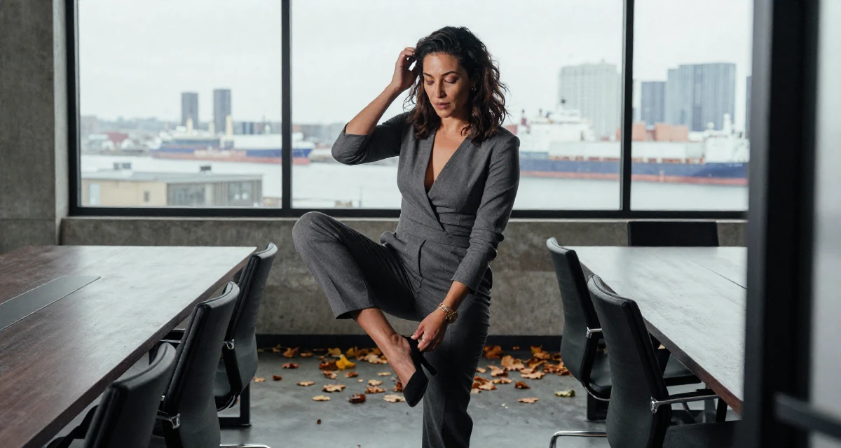 A relaxed Female From Montreal Canada, holds a degree in French literature in their 46, transitioning from employee to founder, wearing a tailored jumpsuit with a deep v-neck, retouching hair volume in a conference room.