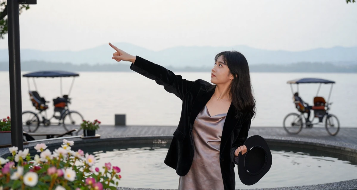 A witty Female From Shenzhen China, graduated in computer science in their 22, feeling like a small fish in a big corporate pond, wearing a velvet blazer and a silk slip dress, holding a hat in a cozy café.