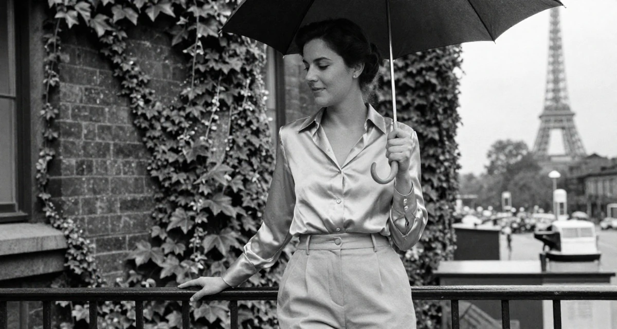 A gentle Female Raised in Germany, studied visual communication design in their 24, taking care of their physical health consistently, wearing a high-waisted beige trousers and a tucked-in satin blouse, holding an umbrella in a science lab.