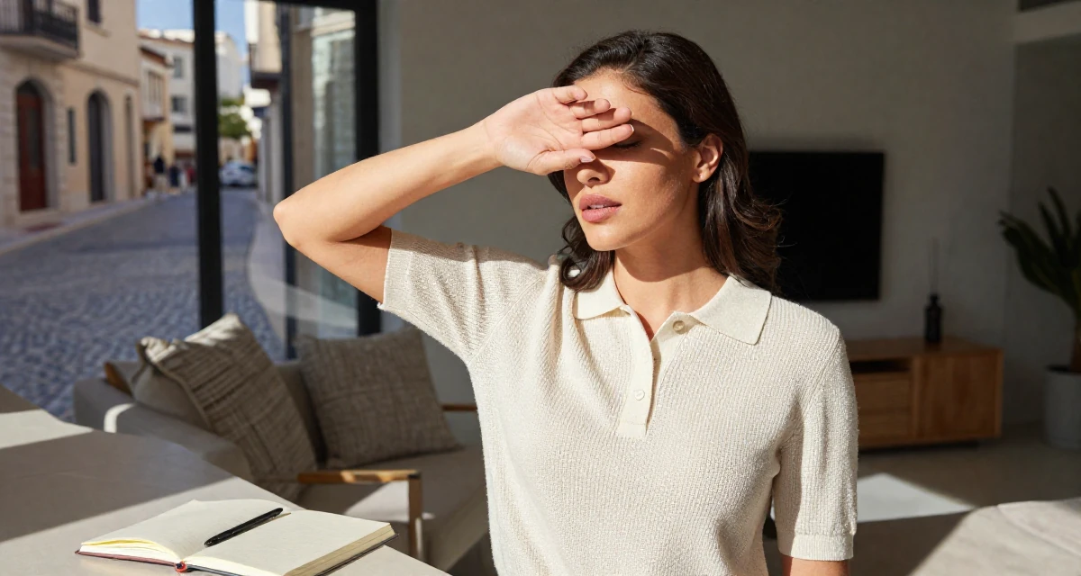 A fearless Female From Dubai UAE, majored in luxury branding and lifestyle presentation in their 25, pushing through rejection from collab requests, wearing a smart knit polo, covering eyes from the sun in a modern apartment living room.