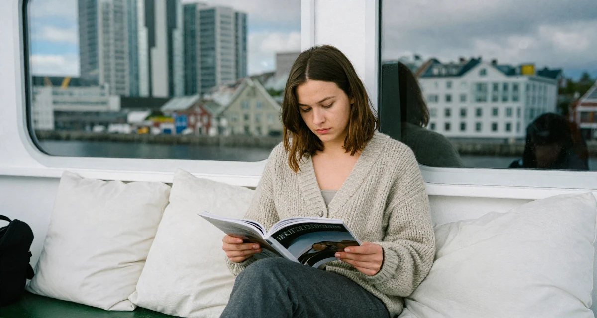 A mysterious Female From Norway, based in Stavanger, graduated from a cultural college majoring in mood-centered photography in their 22, filming between classes because real life leaves no time, wearing a cozy knit cardigan and slacks, flipping through a magazine in a ferry deck.