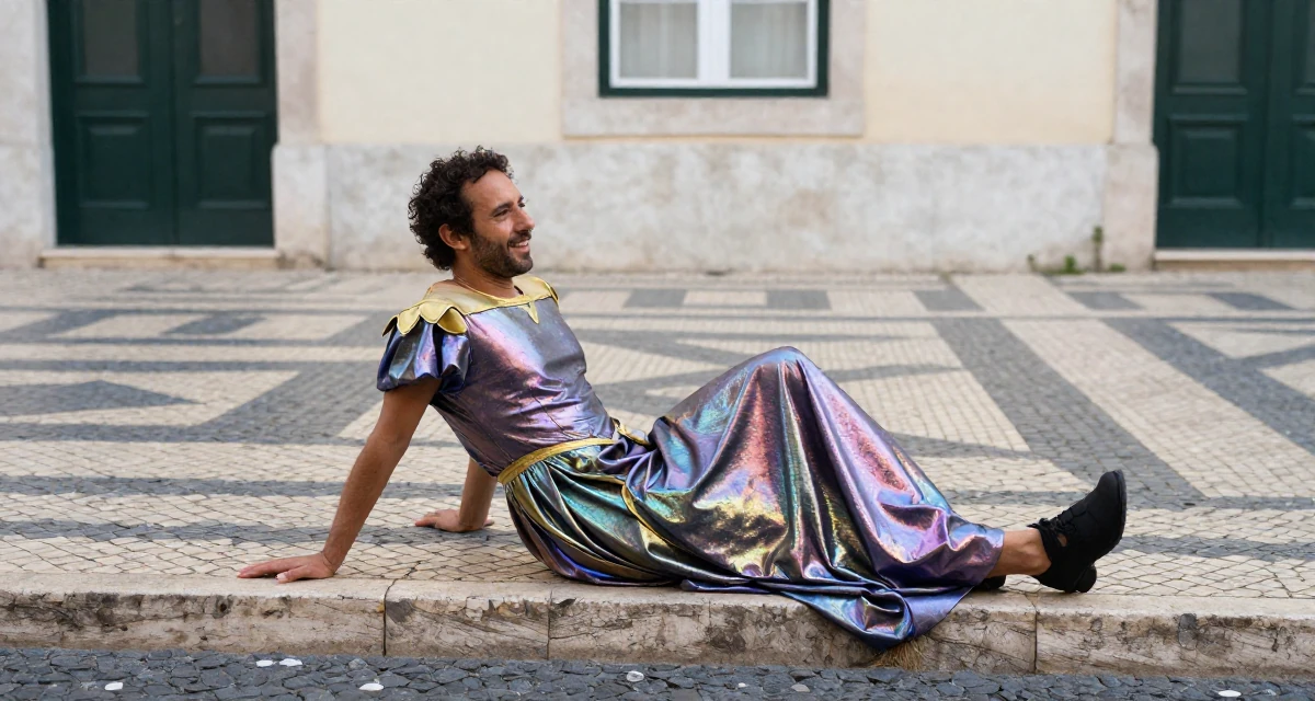 A satisfied male From Lisbon Portugal, majored in digital communication in their 33, creating content about healthy meal prepping, wearing a galactic princess gown with metallic fabrics, stepping onto a curb in a historic downtown.