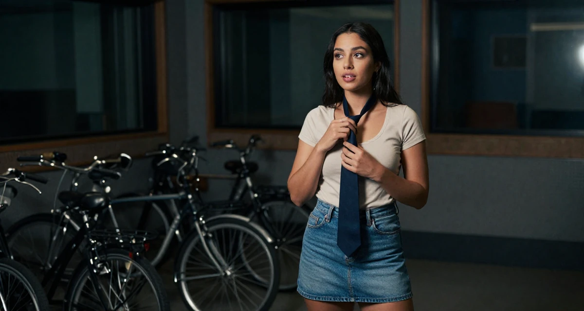 A inspired Female From Canada, trained in culinary arts in their 25, learning to deal with unsolicited feedback online, wearing a fitted scoop neck tee and a denim mini skirt, playing with a tie in a radio station.