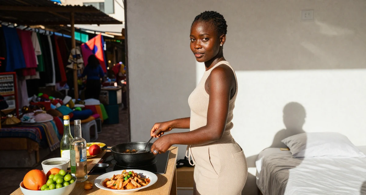 A inspired Female Born in Haiti, majored in international relations in their 31, learning to cook gourmet meals at home, wearing a monochromatic beige outfit with a knit top and trousers, playing with a ring in a minimalist bedroom.