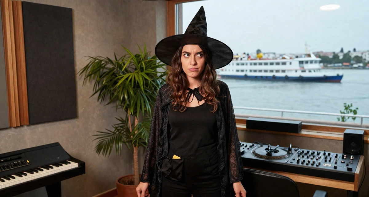 A cheeky Female From Turkey, based in Izmir, graduated from a communication faculty majoring in brand strategy in their 21, struggling to disconnect from social media, wearing a classic witch costume with a wide-brimmed hat, looking for something in a pocket in a music studio.