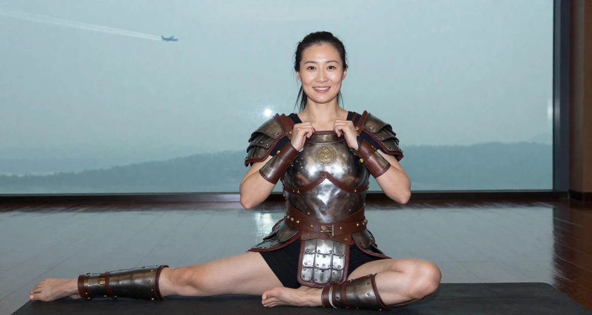 A friendly Female From Chongqing China, trained in yoga and body-movement expression in their 25, pushing through rejection from collab requests, wearing a gladiator armor with leather straps and a metal breastplate, gripping a lapel in a conference room.