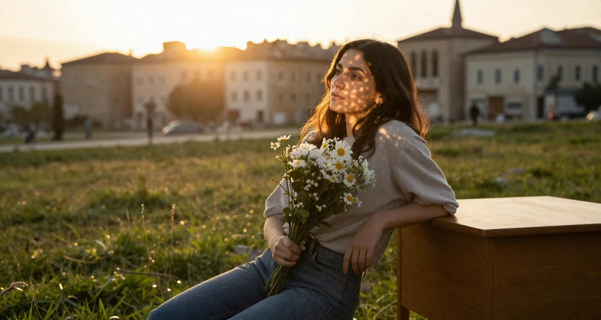 A wistful Female From Turkey, majored in mechatronics in their 34, seeking spiritual or philosophical growth, wearing a relaxed streetwear, holding a bouquet in a grassy field.