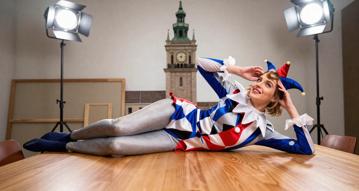 A sympathetic Female From Warsaw Poland, trained in expressive acting for camera work in their 25, learning to hold eye contact through the lens, wearing a harlequin jester costume with a diamond pattern, pushing hair from face in a artist workshop.