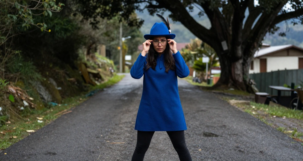 A pensive Female From Ecuador, based in Guayaquil, graduated from a private institute majoring in consumer psychology in their 44, building a second stream of passive income, wearing a royal musketeer tunic with a feathered hat, pushing glasses up the nose in a mountain trail.