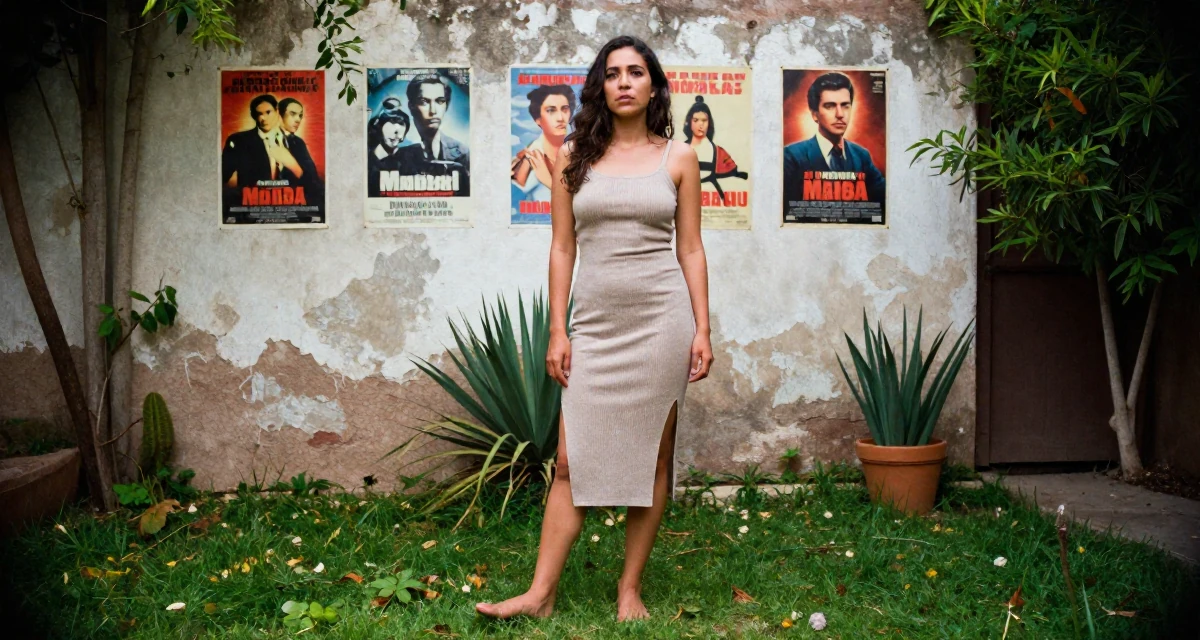 A soulful Female From Mexico, based in Monterrey, graduated from a private university majoring in communication studies in their 36, rebuilding after a breakup, wearing a fitted knit dress with a side slit, tapping a foot in a backyard garden.