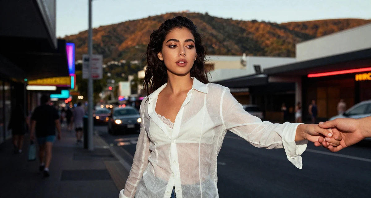 A hypnotic Female From Australia, based in Gold Coast, graduated from a media academy majoring in sensual creative direction in their 23, discovering the thrill of tasteful seduction, wearing a sheer white blouse with a delicate camisole underneath, holding hands with someone unseen in a bustling city street.